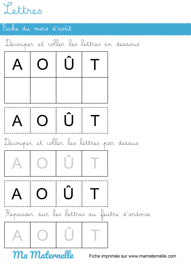 Petite section - Lettres : fiche du mois d’août