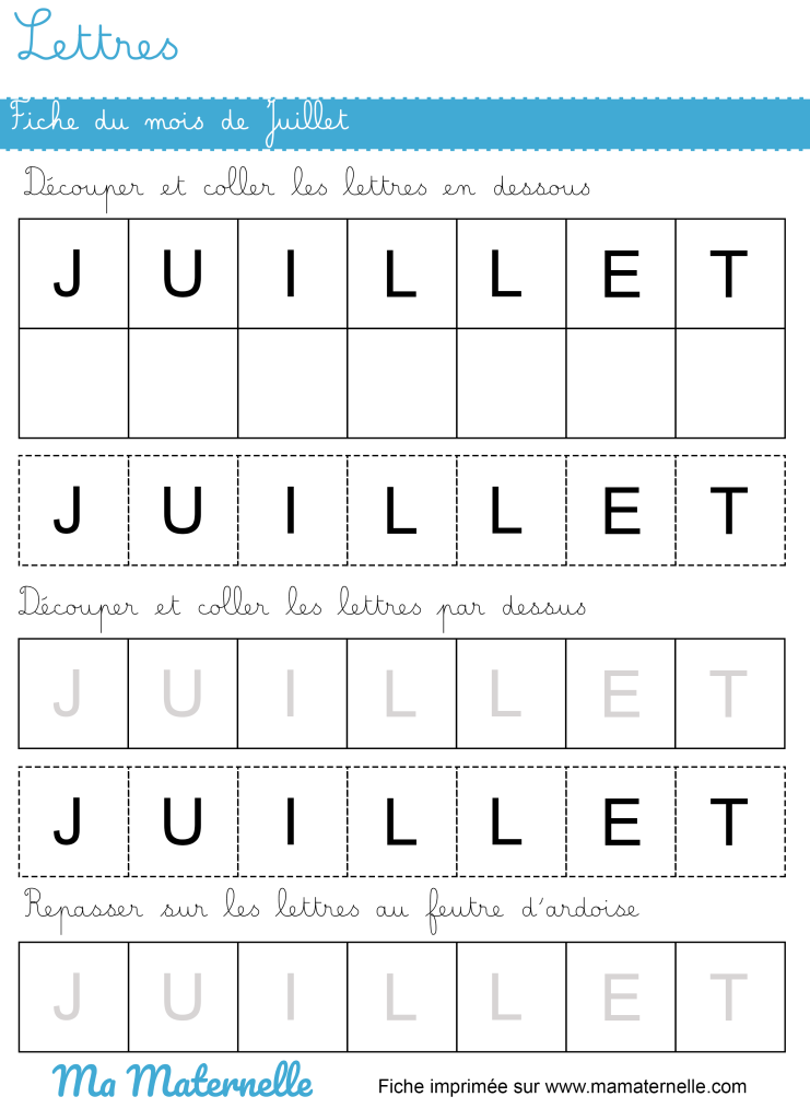 Petite section - Lettres : fiche du mois de Juillet