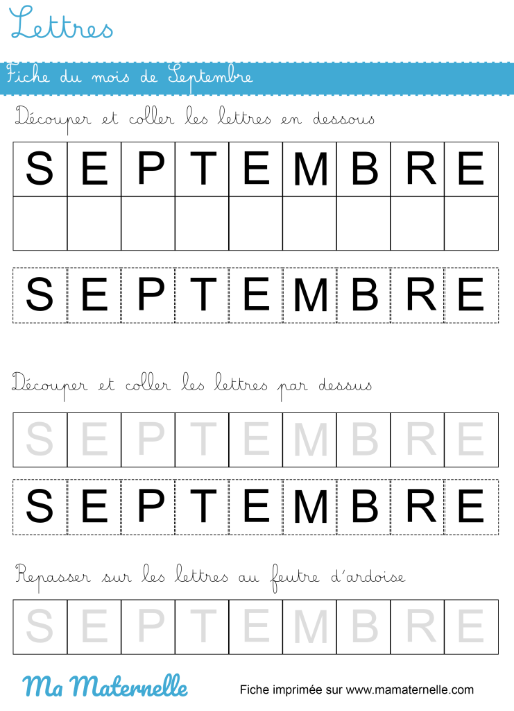 Petite section - Lettres : fiche du mois de septembre