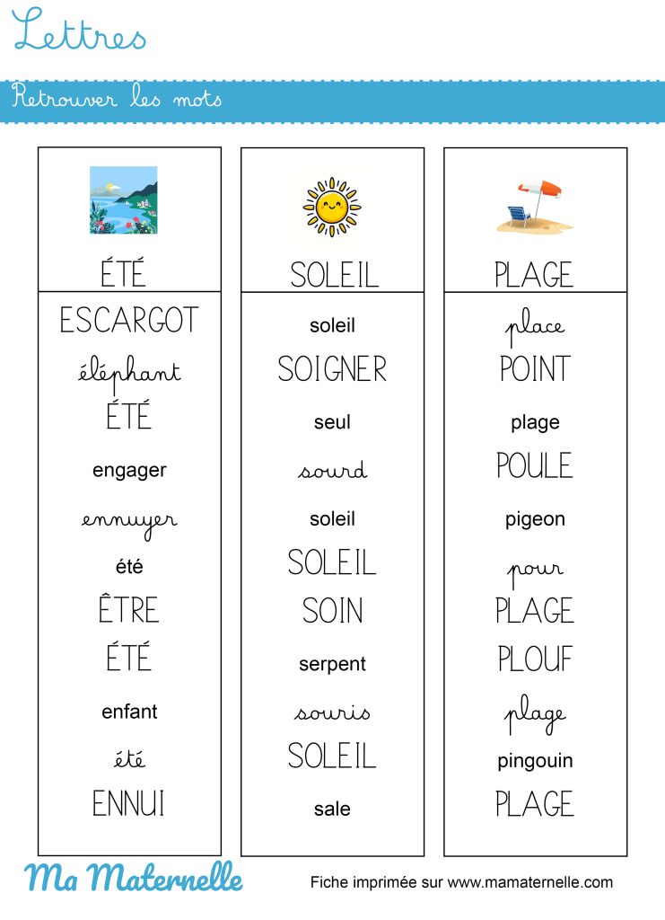 Grande section - Lettres : retrouver les mots