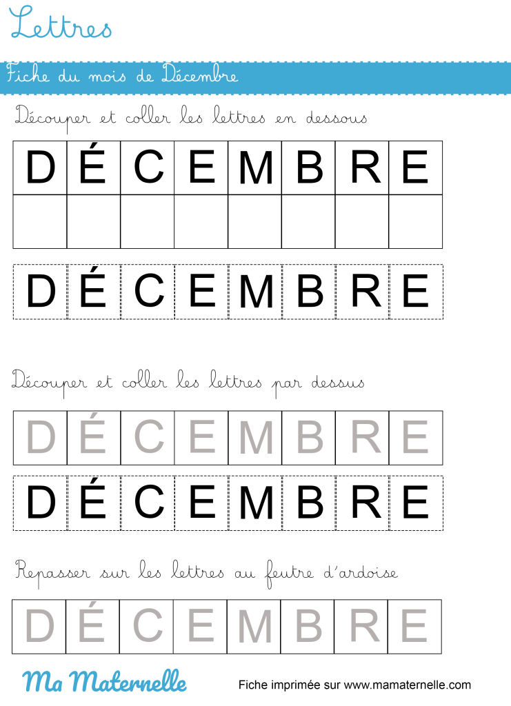 Petite section - Lettres : fiche du mois de décembre