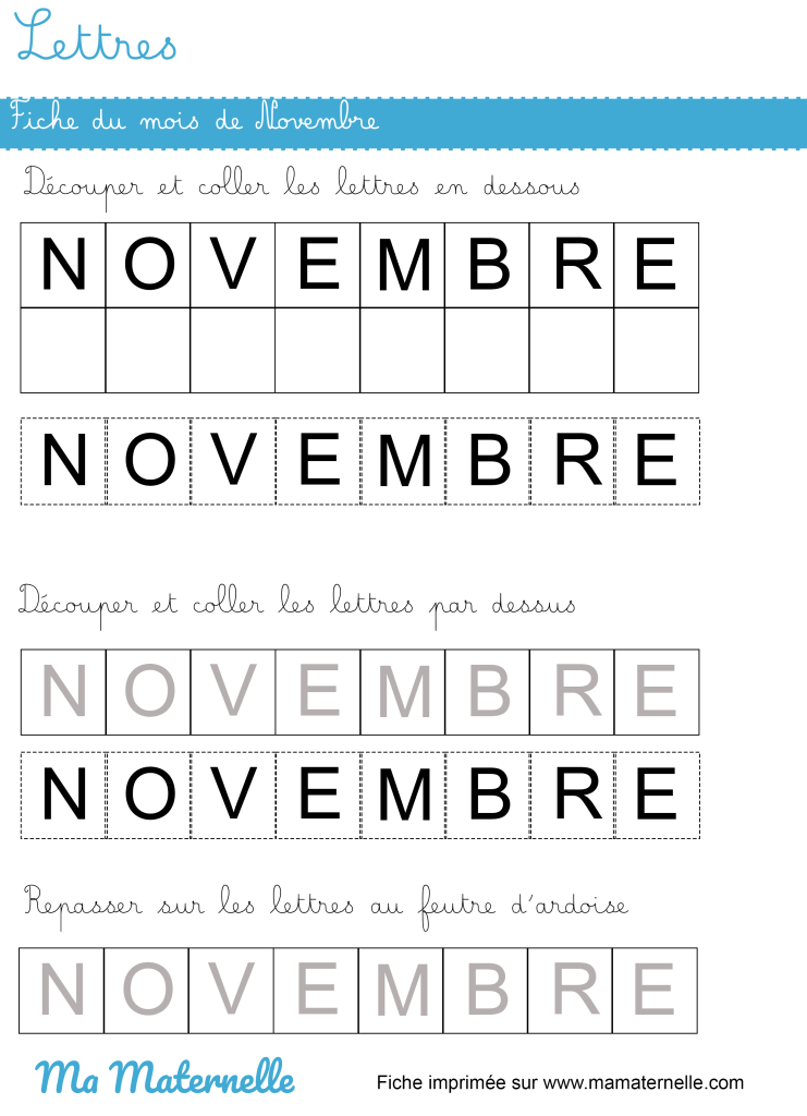 Petite section - Lettres : fiche du mois de novembre