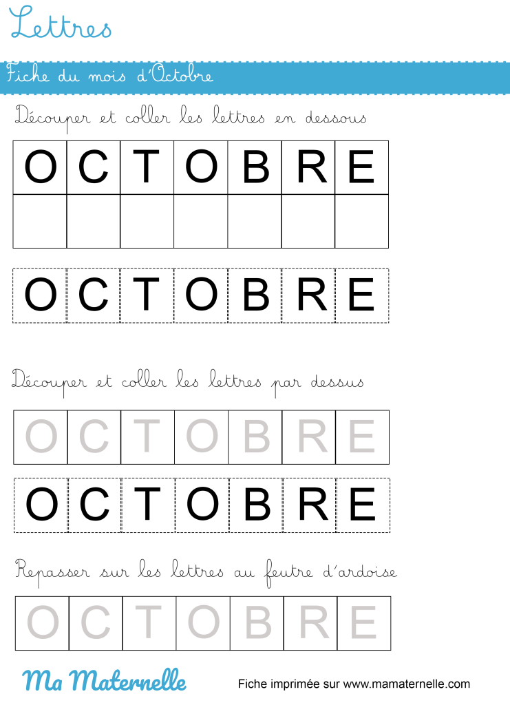 Petite section - Lettres : fiche du mois d’octobre