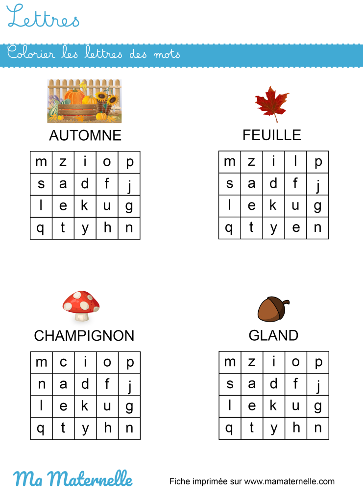 Grande section - Lettres : colorier les lettres des mots