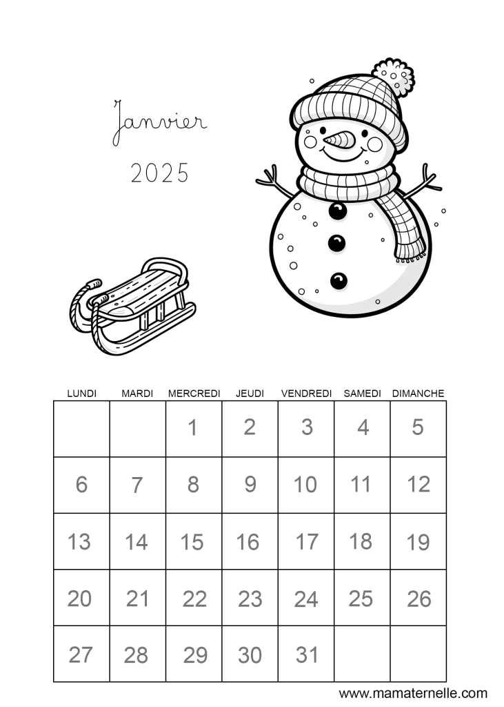 Activités - Calendrier coloriage Janvier 2025