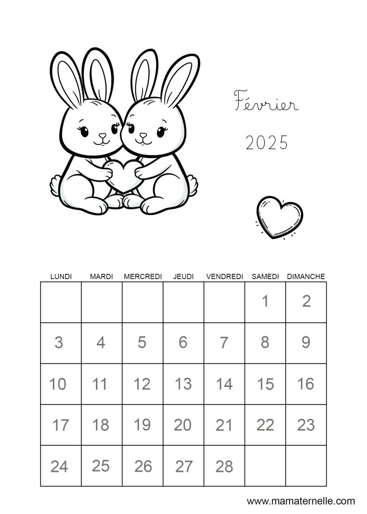 Activités - Calendrier coloriage Février 2025