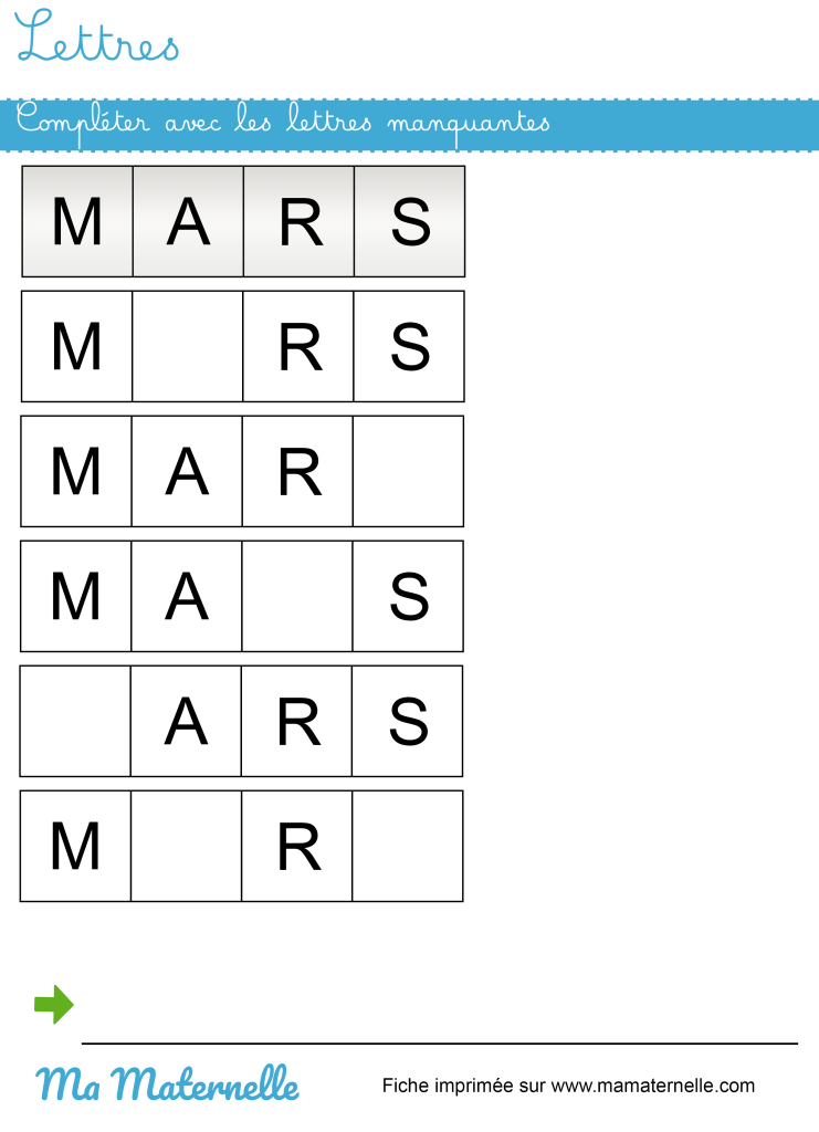 Grande section - Lettres : compléter avec les lettres manquantes