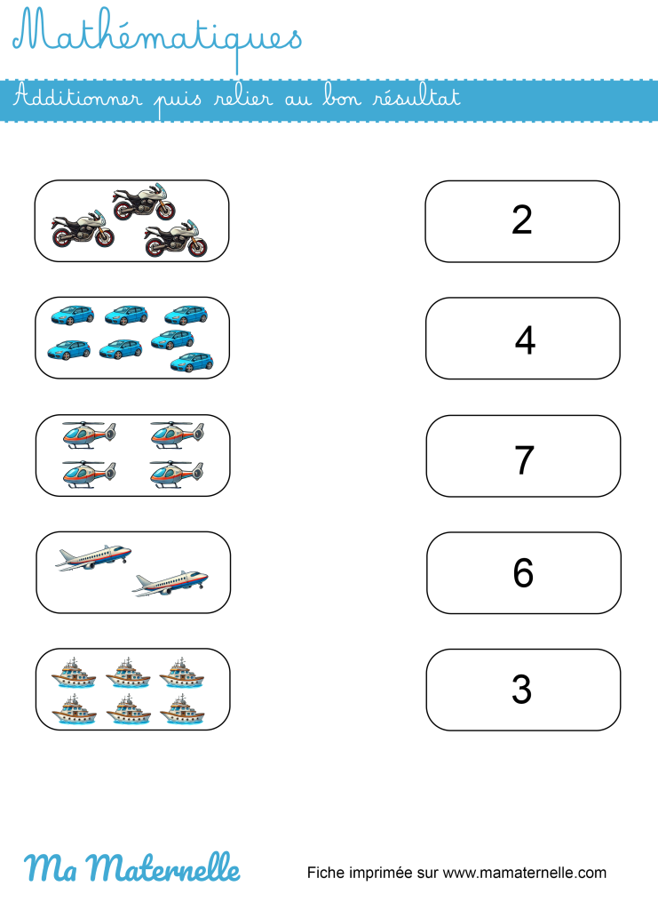 Grande section - Mathématiques : additionner puis relier